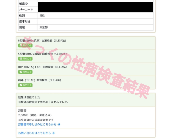 2026年8月26日に採取した検体の性病検査結果通知書。B型肝炎・C型肝炎・HIV・梅毒のいずれも陰性。